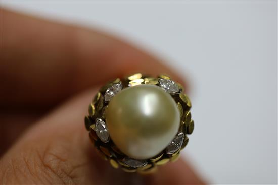 An 18ct gold, diamond and cultured pearl dress ring by John Donald, circa 1970, in modernist setting, size P/Q.